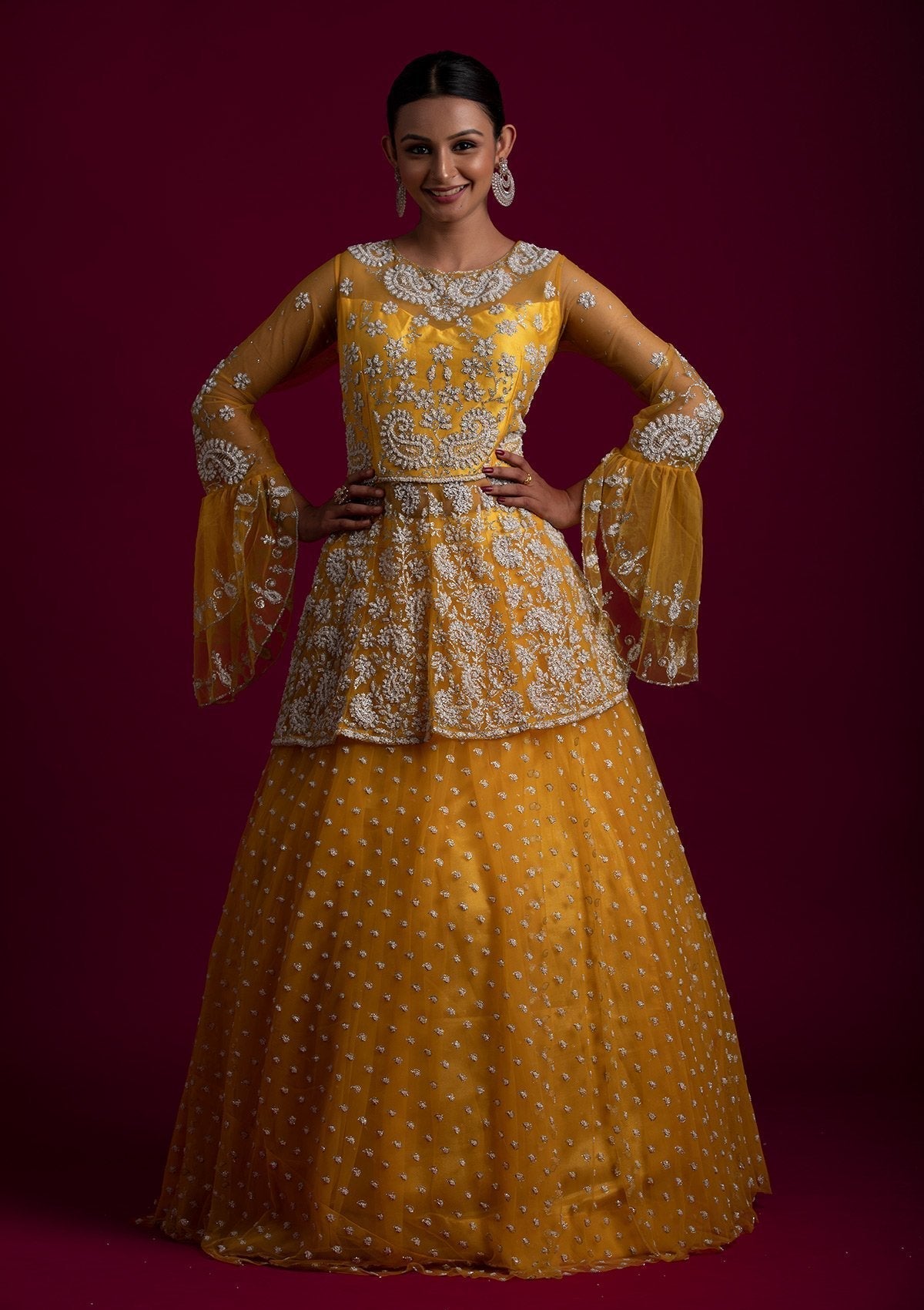 Yellow Glitter Net Designer Lehenga - koskii