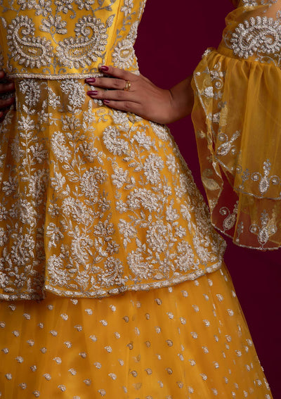 Yellow Glitter Net Designer Lehenga - koskii