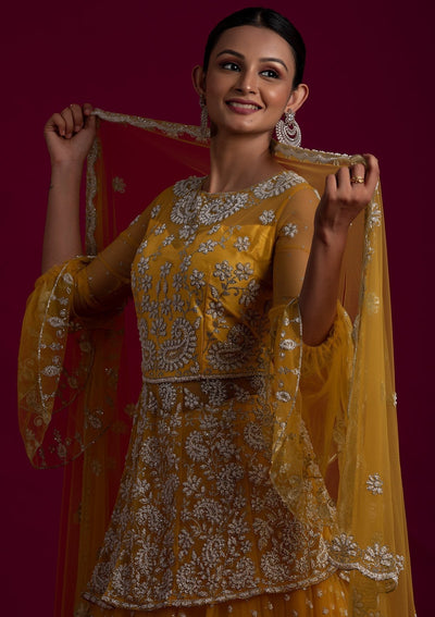 Yellow Glitter Net Designer Lehenga - koskii