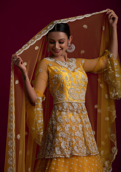 Yellow Glitter Net Designer Lehenga - koskii