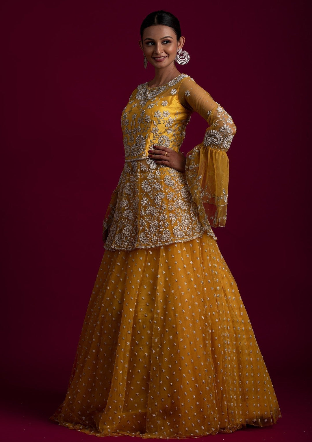 Yellow Glitter Net Designer Lehenga - koskii