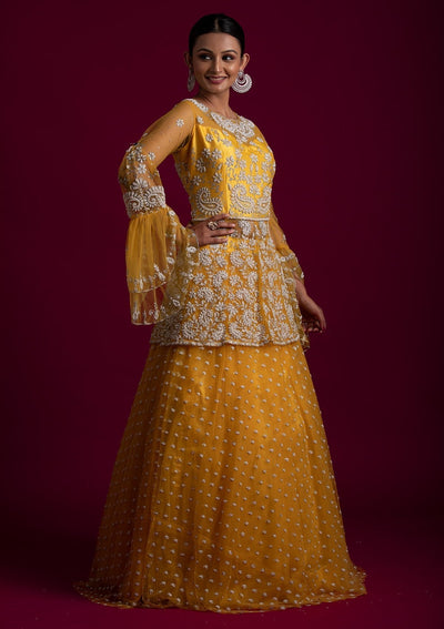 Yellow Glitter Net Designer Lehenga - koskii