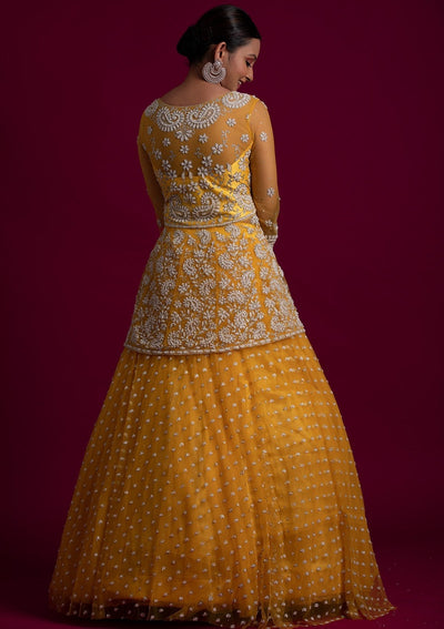 Yellow Glitter Net Designer Lehenga - koskii