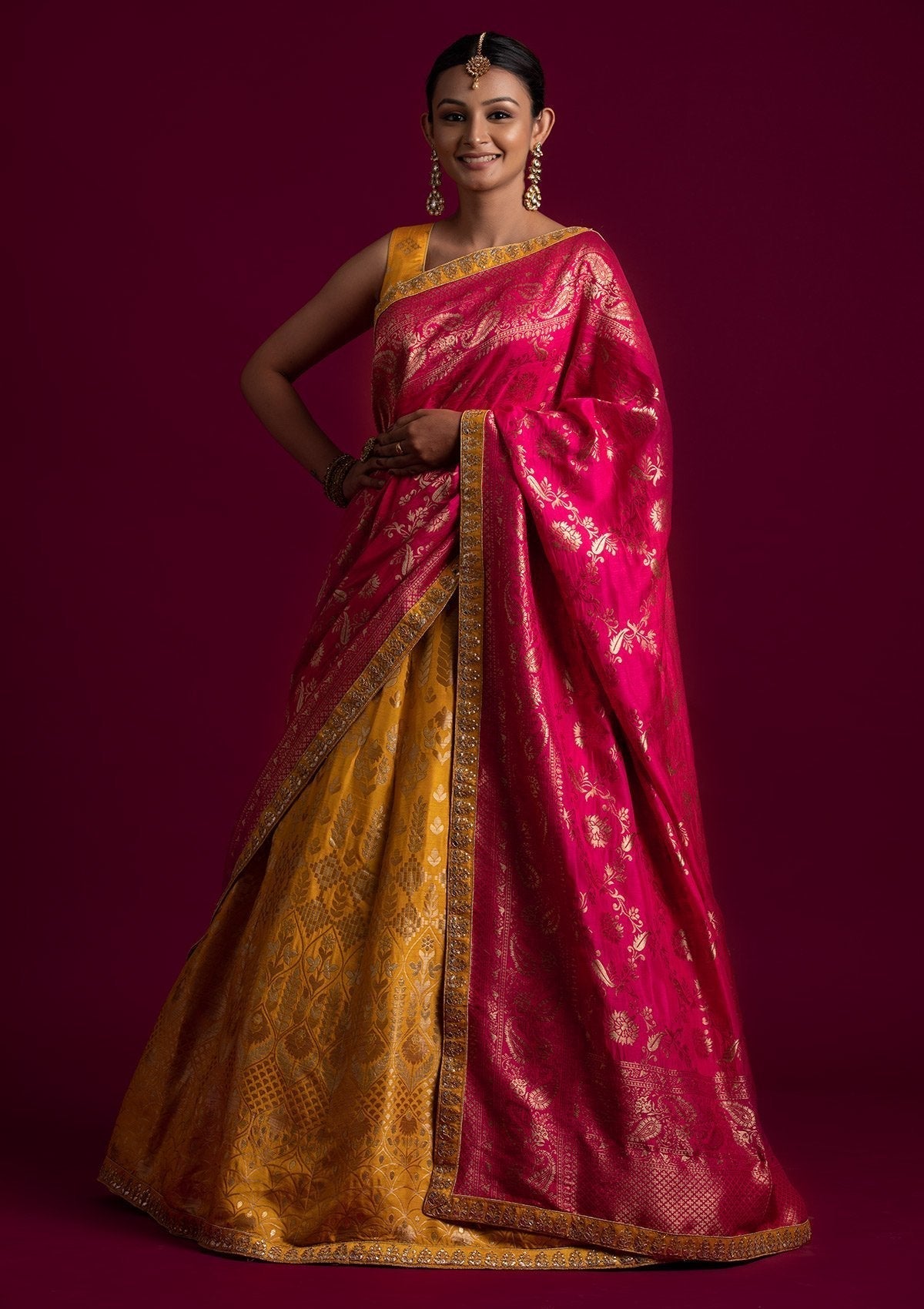 Yellow Gotapatti Banarasi Designer Semi-Stitched Lehenga - koskii
