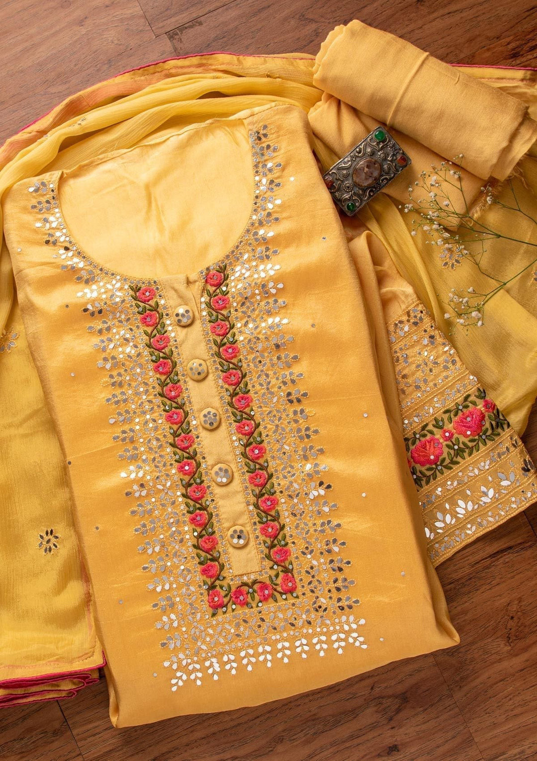 Yellow Mirrorwork Semi Crepe Designer Semi-Stitched Salwar Suit - koskii