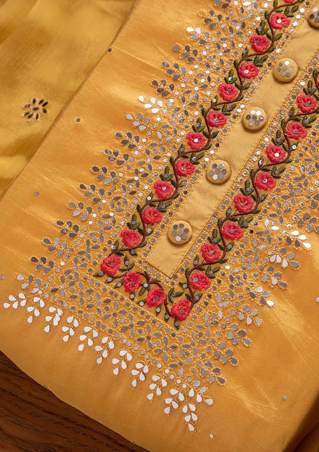 Yellow Mirrorwork Semi Crepe Designer Semi-Stitched Salwar Suit - koskii