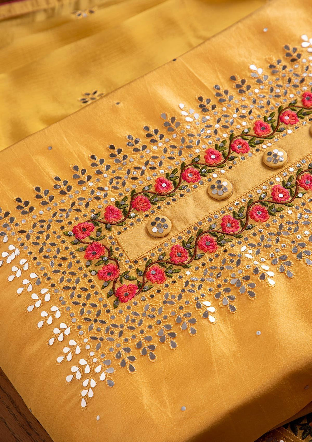 Yellow Mirrorwork Semi Crepe Designer Semi-Stitched Salwar Suit - koskii