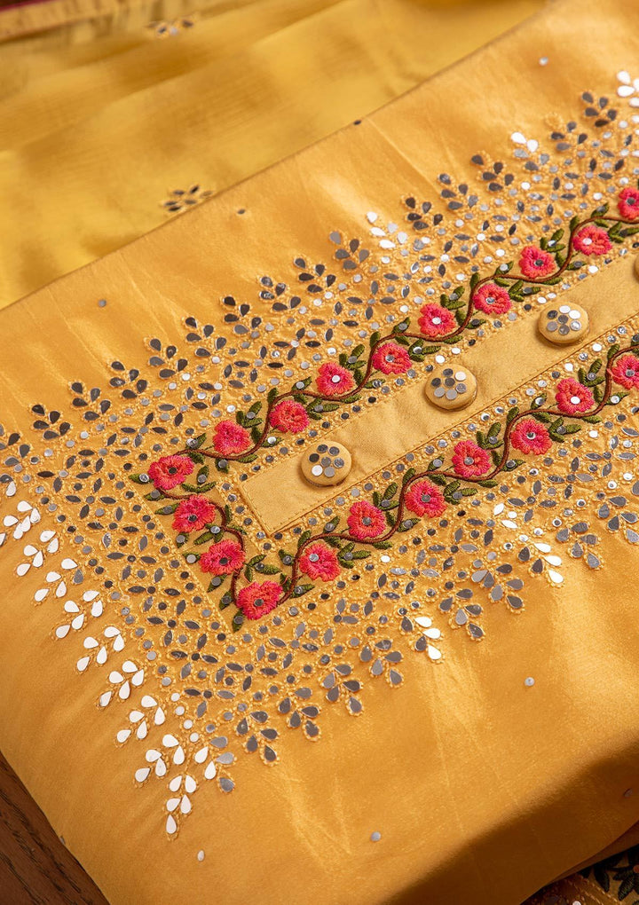 Yellow Mirrorwork Semi Crepe Designer Semi-Stitched Salwar Suit - koskii