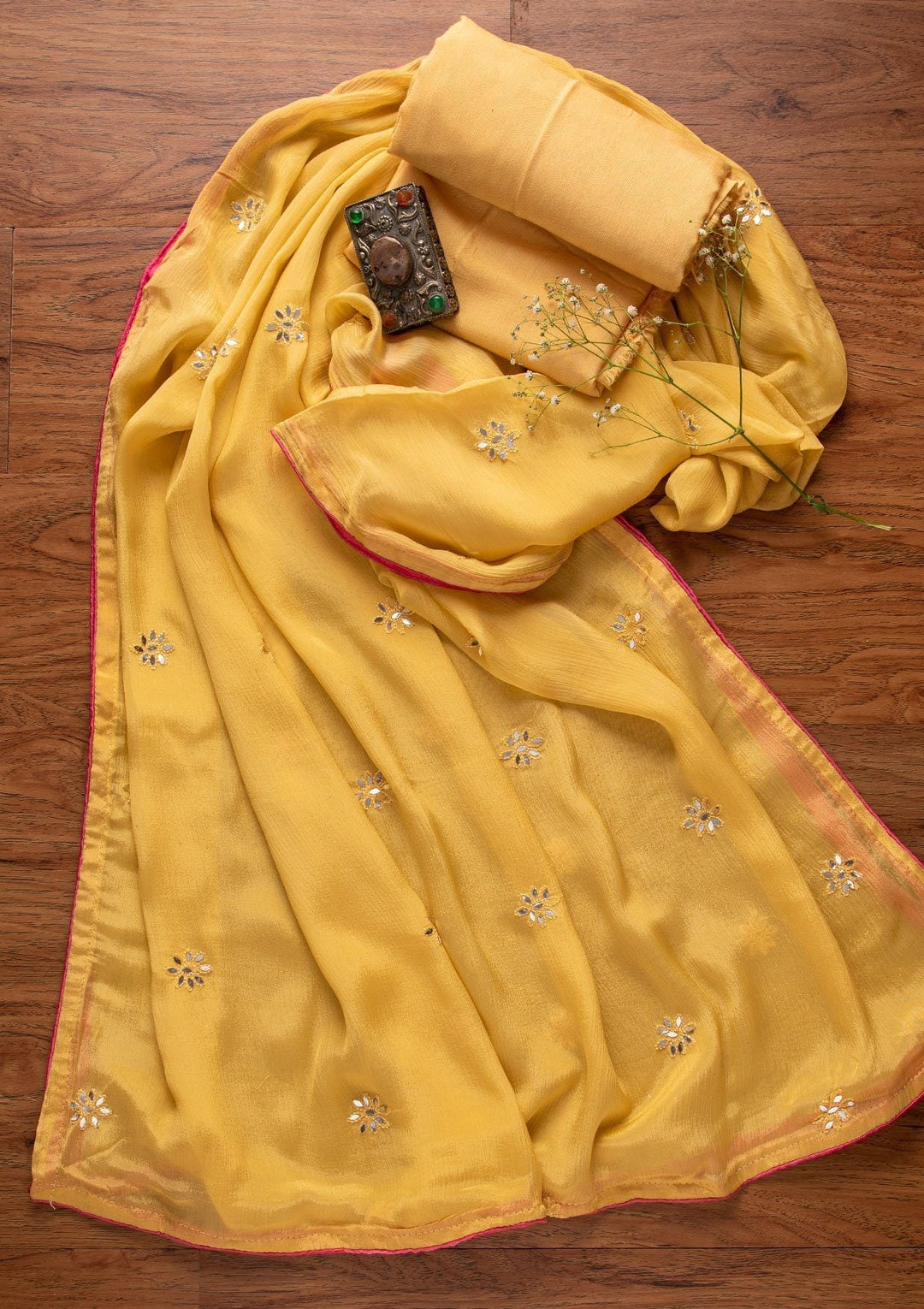 Yellow Mirrorwork Semi Crepe Designer Semi-Stitched Salwar Suit - koskii