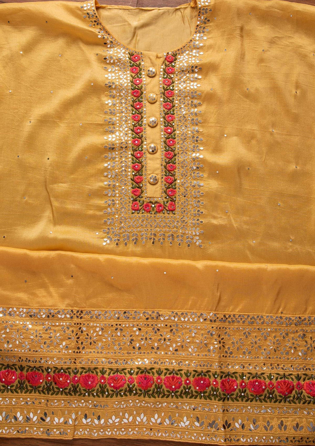 Yellow Mirrorwork Semi Crepe Designer Semi-Stitched Salwar Suit - koskii