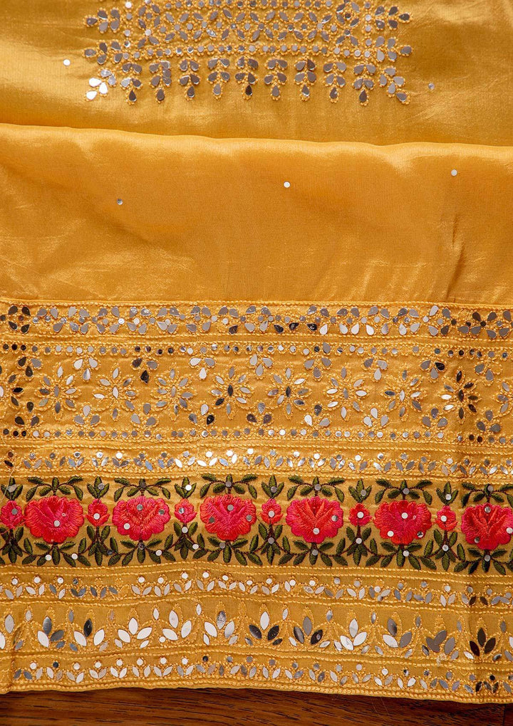 Yellow Mirrorwork Semi Crepe Designer Semi-Stitched Salwar Suit - koskii