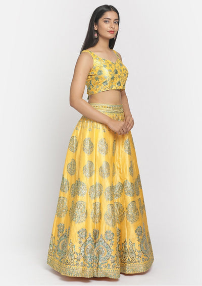 Yellow Sequins Art Silk Designer Semi-Stitched Lehenga - koskii