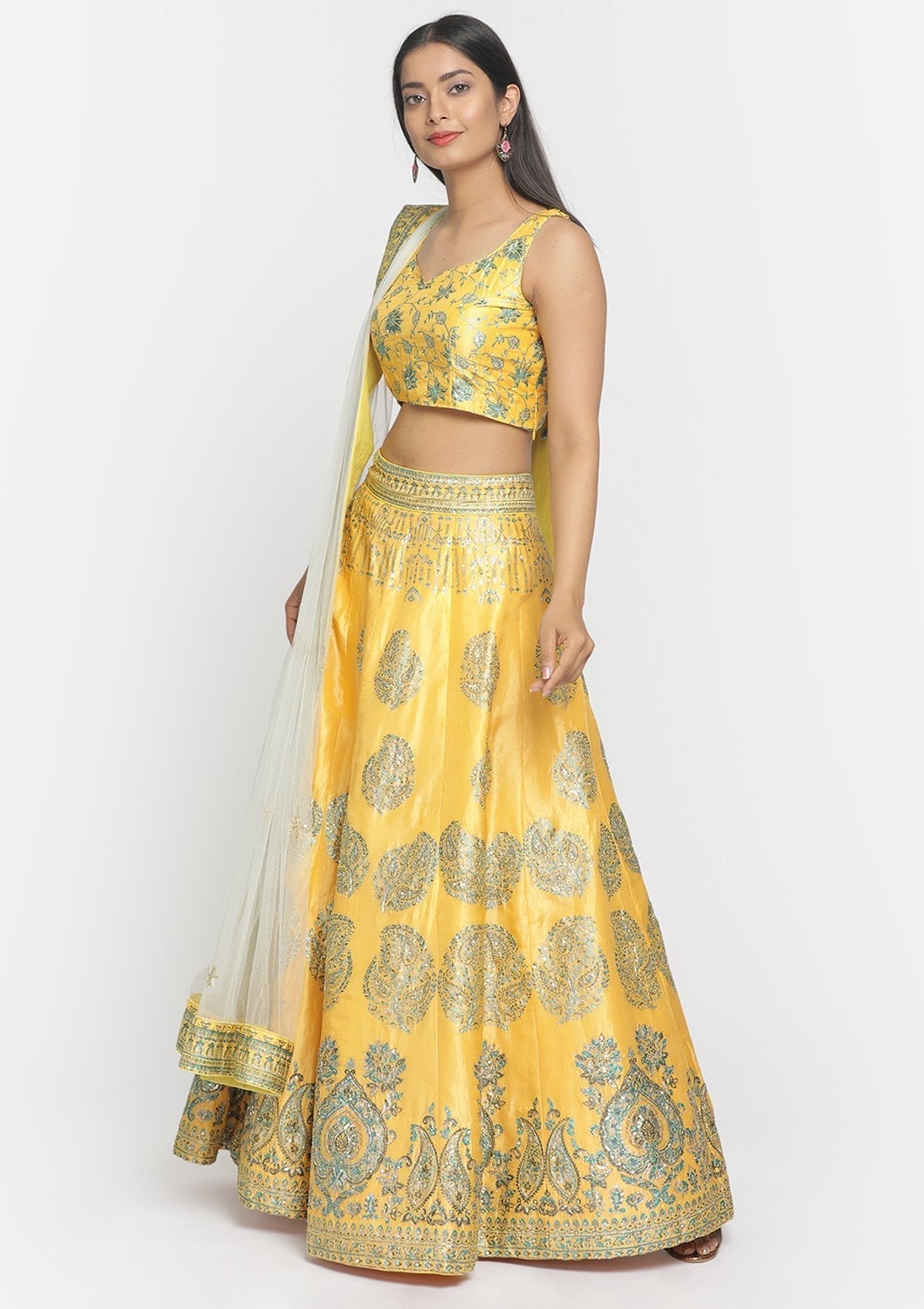 Yellow Sequins Art Silk Designer Semi-Stitched Lehenga - koskii