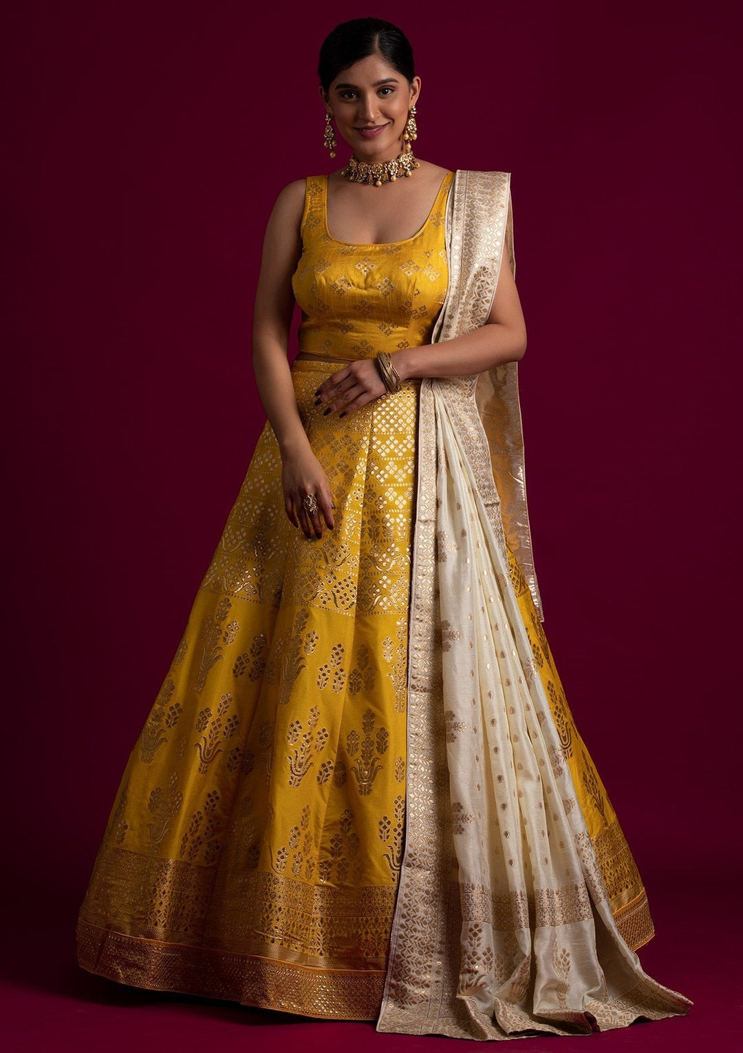 Yellow Sequins Banarasi Designer Semi-Stitched Lehenga - koskii