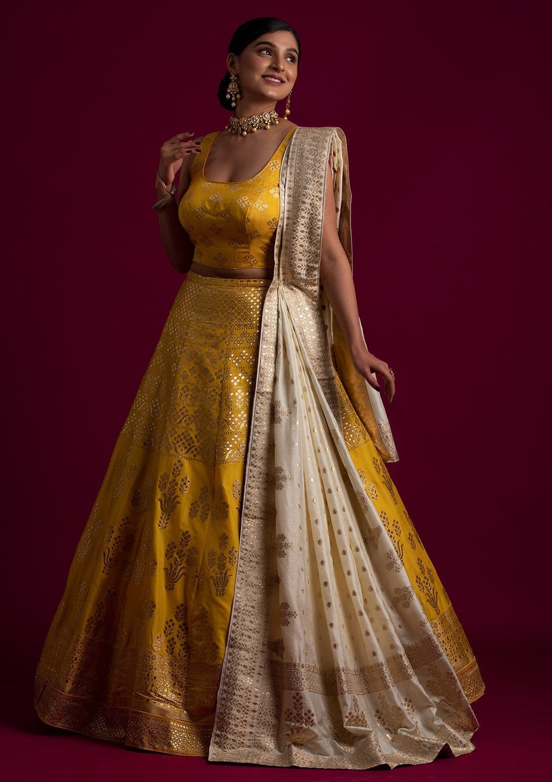 Yellow Sequins Banarasi Designer Semi-Stitched Lehenga - koskii