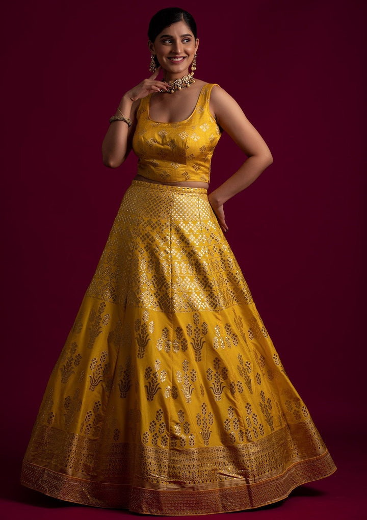 Yellow Sequins Banarasi Designer Semi-Stitched Lehenga - koskii