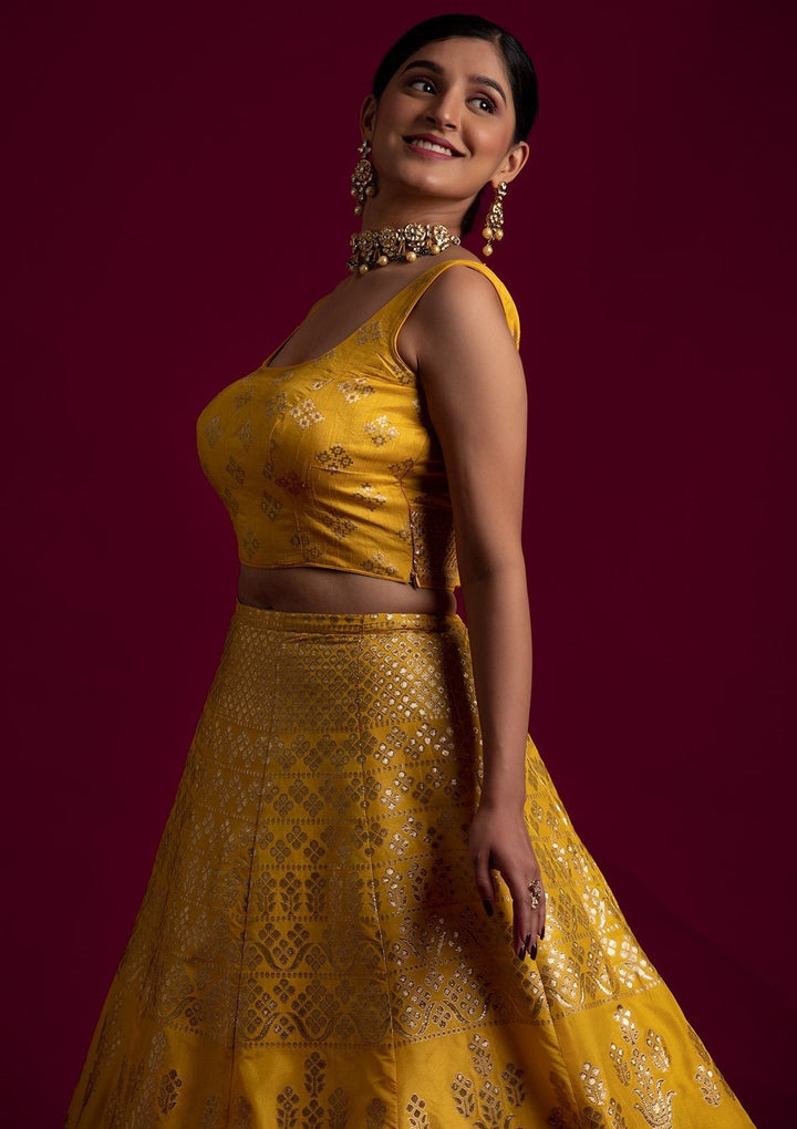 Yellow Sequins Banarasi Designer Semi-Stitched Lehenga - koskii