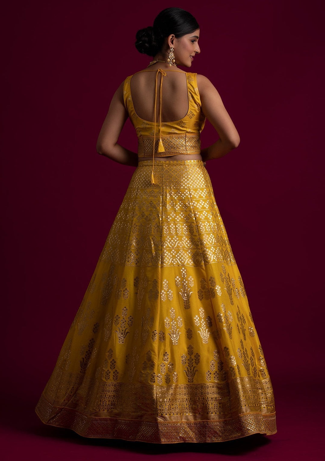 Yellow Sequins Banarasi Designer Semi-Stitched Lehenga - koskii