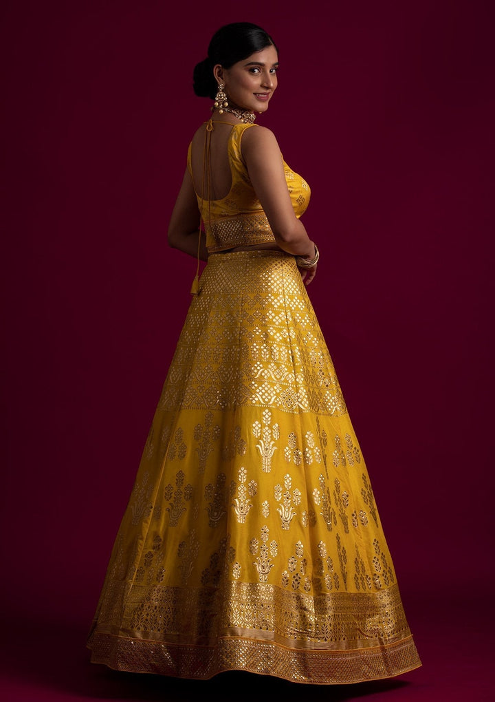 Yellow Sequins Banarasi Designer Semi-Stitched Lehenga - koskii