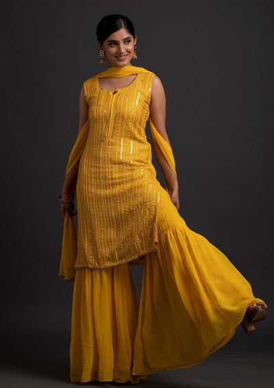 Yellow Sequins Georgette Designer Salwar Suit - koskii