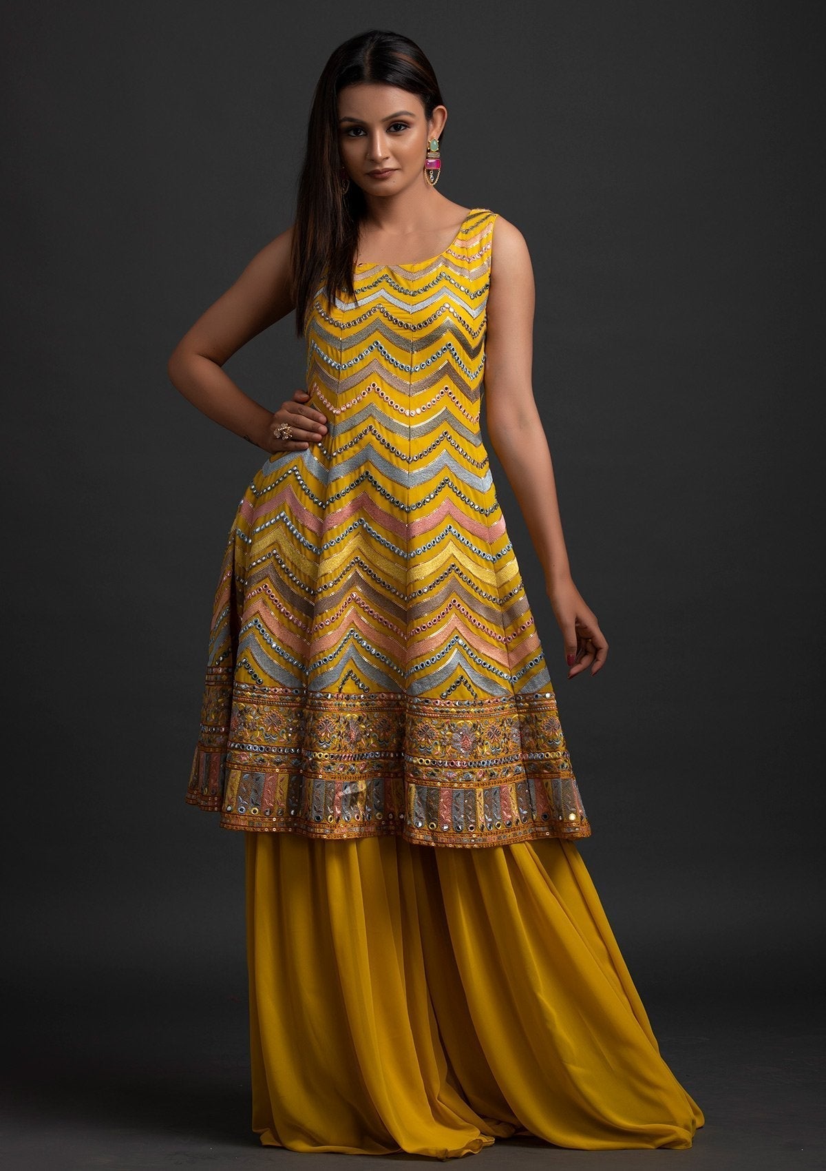 Yellow Sequins Georgette Designer Salwar Suit - koskii