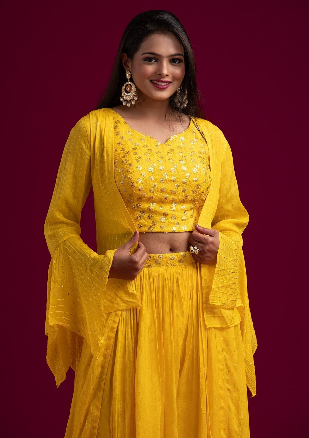 Yellow Sequins Semi Crepe Designer Salwar Suit - koskii