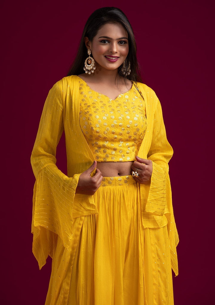 Yellow Sequins Semi Crepe Designer Salwar Suit - koskii