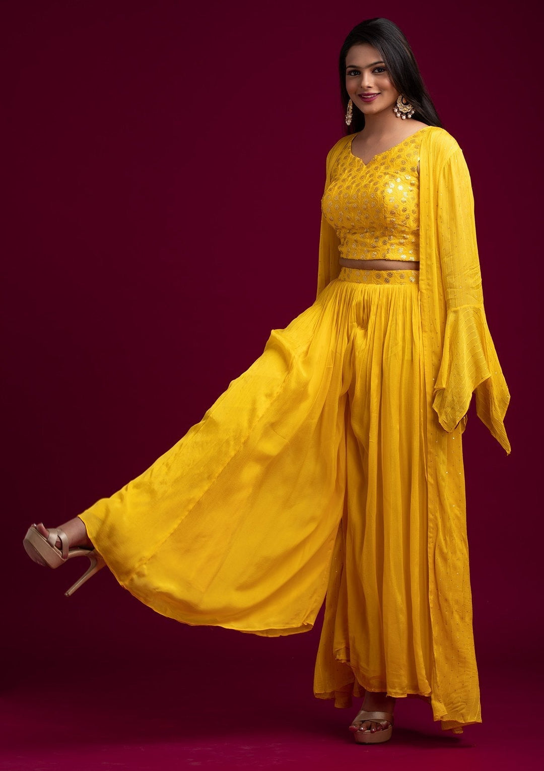 Yellow Sequins Semi Crepe Designer Salwar Suit - koskii