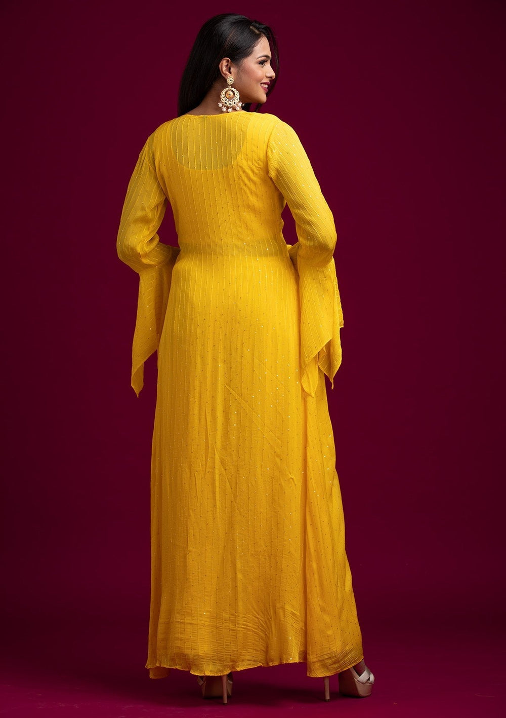 Yellow Sequins Semi Crepe Designer Salwar Suit - koskii