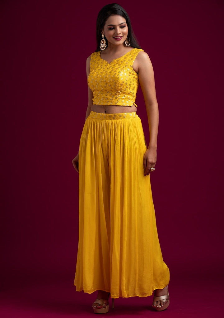 Yellow Sequins Semi Crepe Designer Salwar Suit - koskii