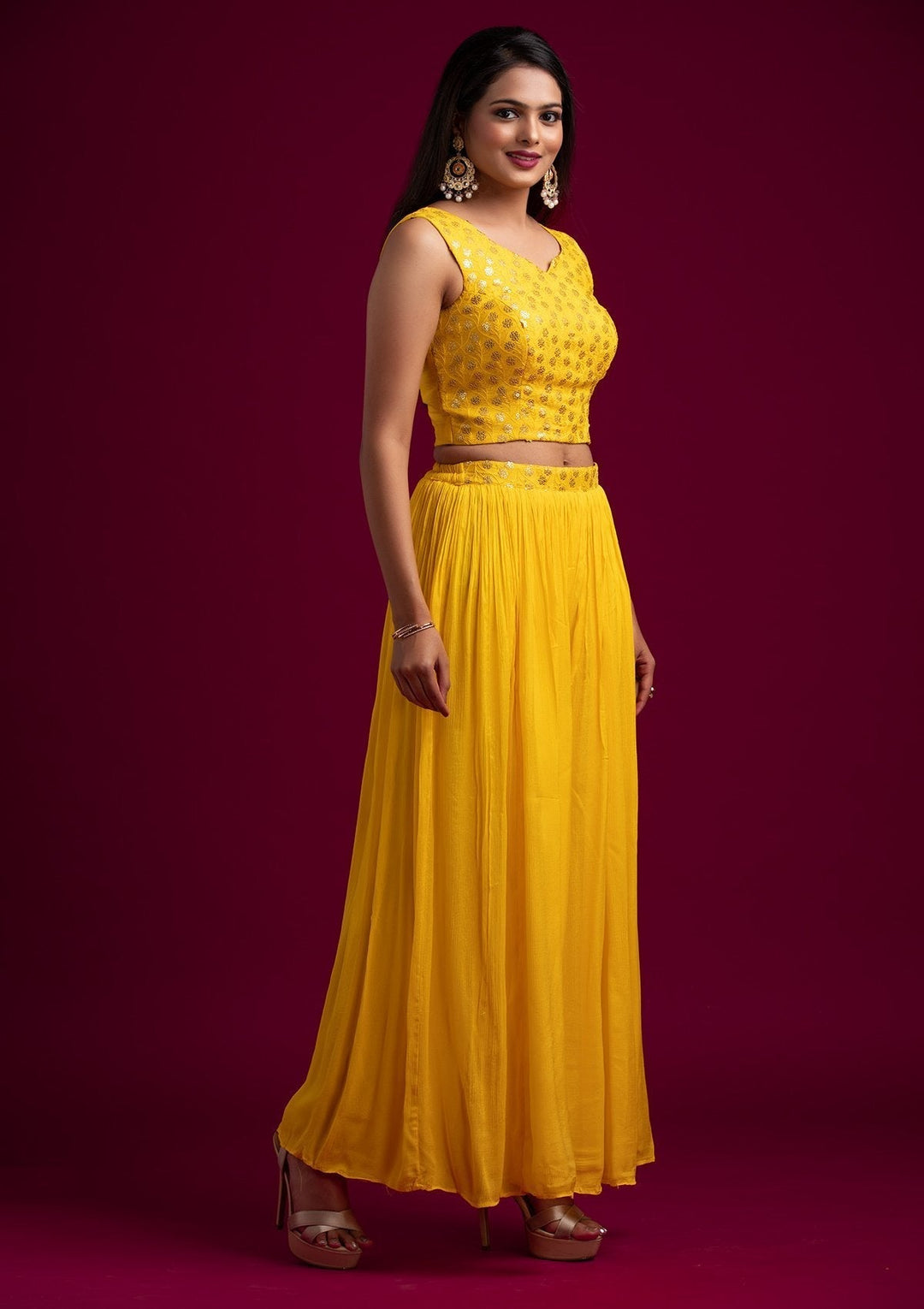 Yellow Sequins Semi Crepe Designer Salwar Suit - koskii