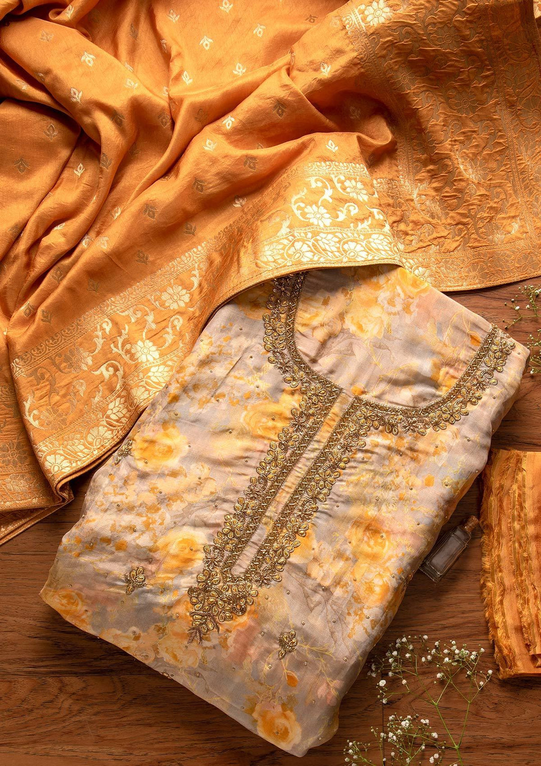 Yellow Stonework Chanderi Designer Unstitched Salwar Suit - koskii