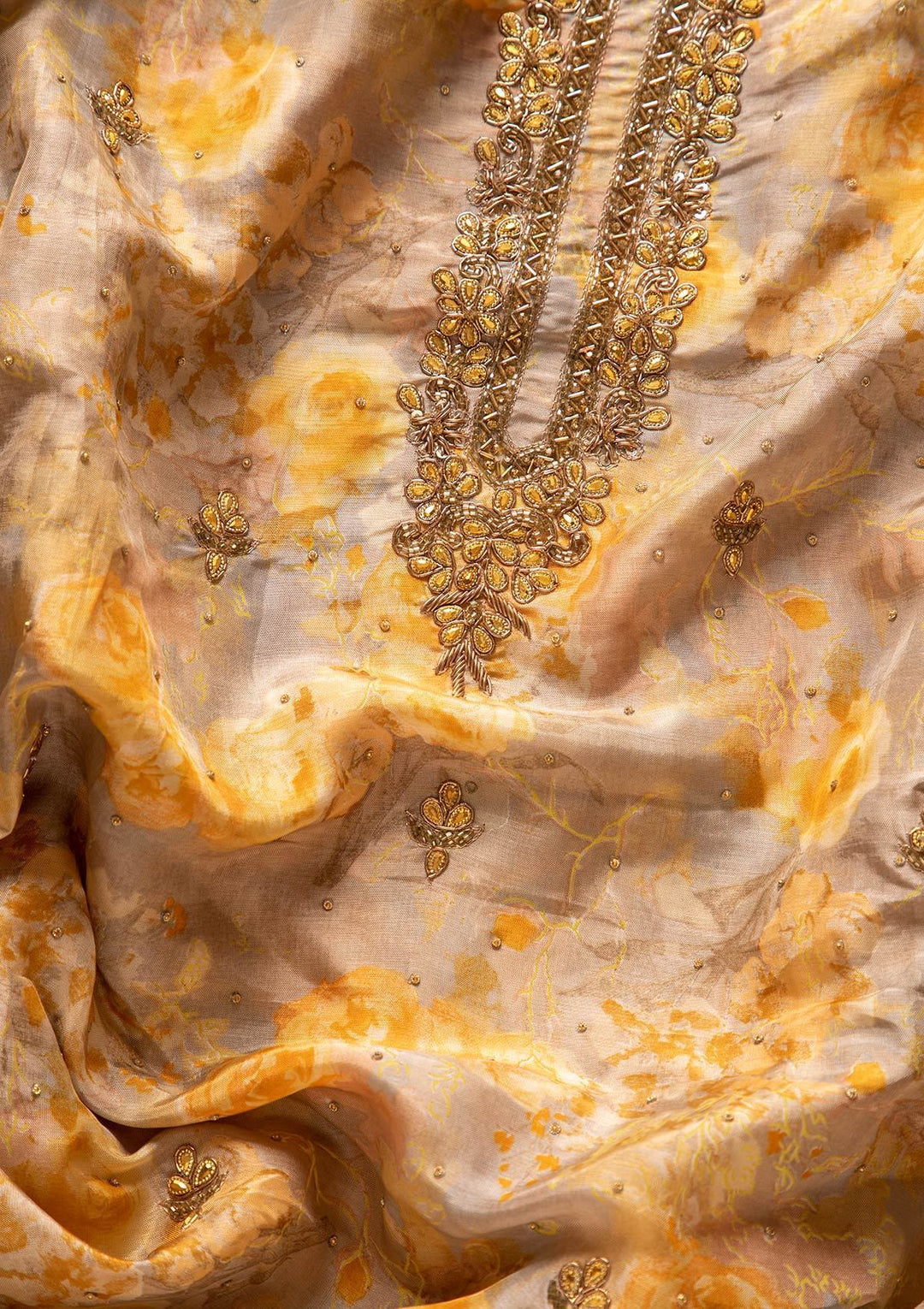 Yellow Stonework Chanderi Designer Unstitched Salwar Suit - koskii