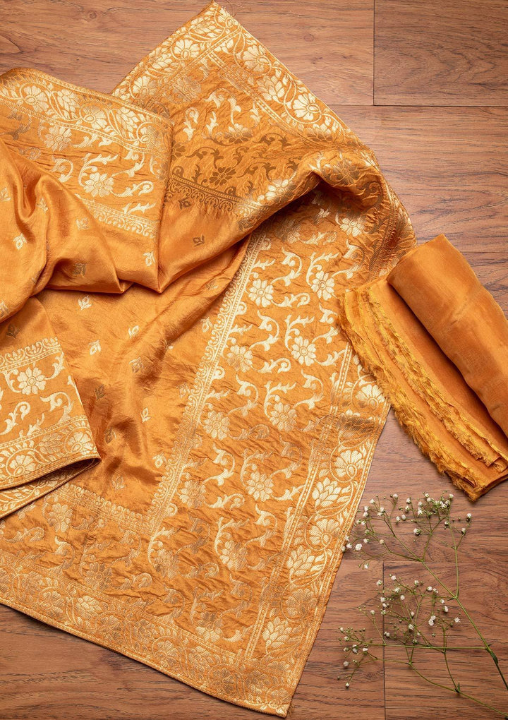 Yellow Stonework Chanderi Designer Unstitched Salwar Suit - koskii