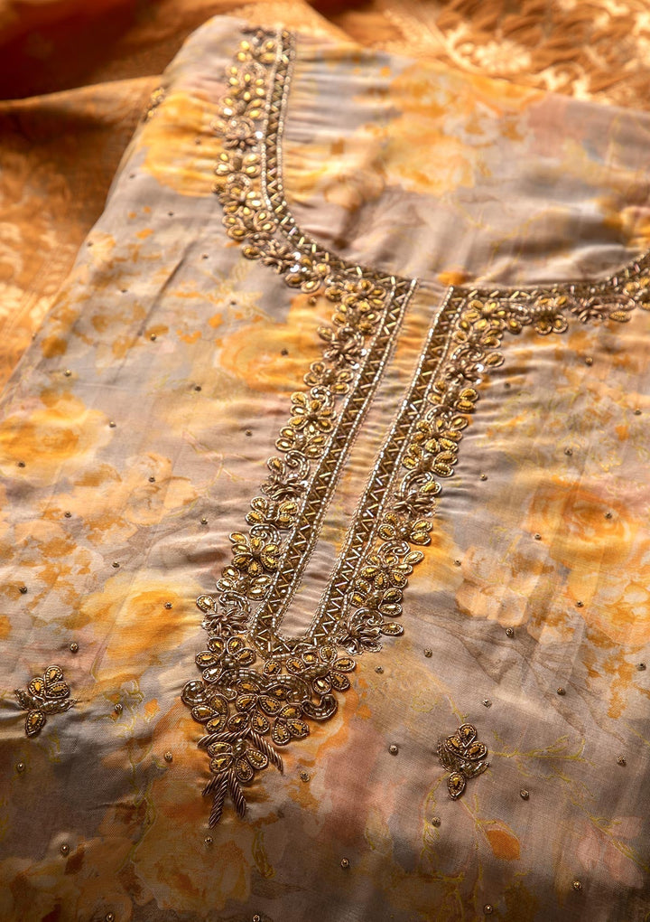 Yellow Stonework Chanderi Designer Unstitched Salwar Suit - koskii