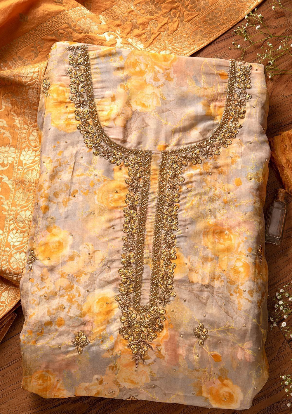 Yellow Stonework Chanderi Designer Unstitched Salwar Suit - koskii