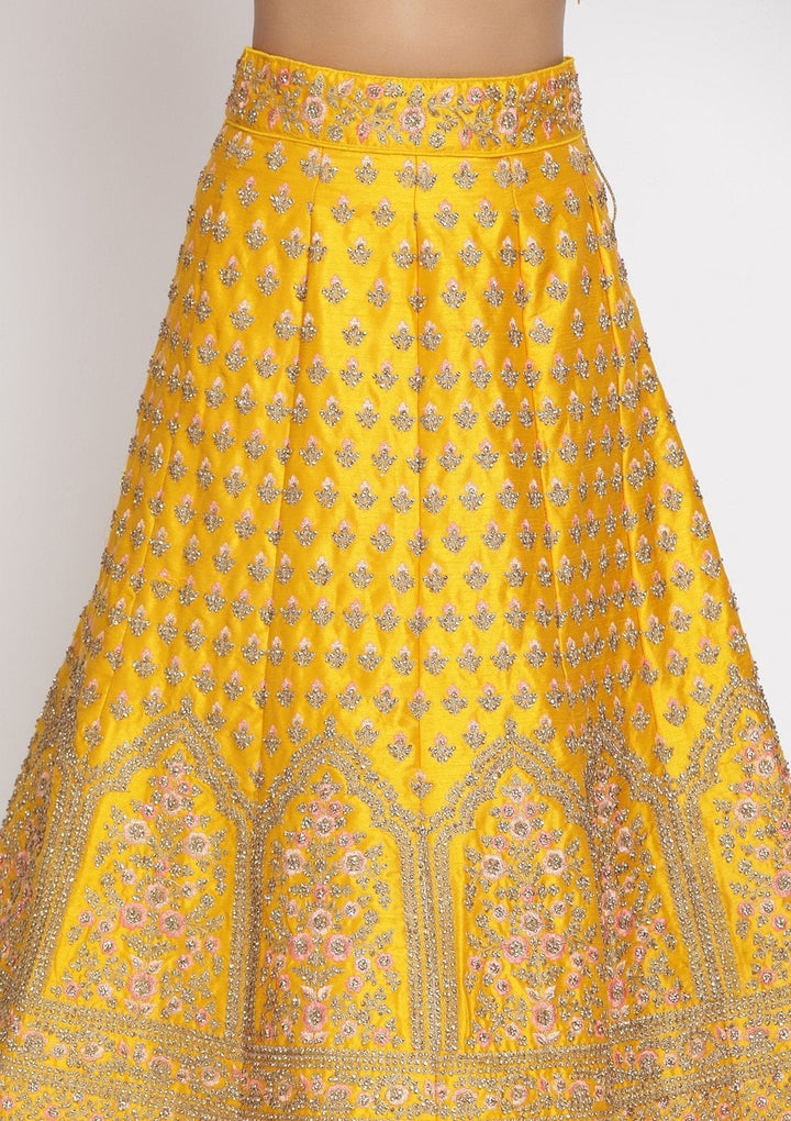 Yellow Stonework Raw Silk Designer Semi-Stitched Lehenga - koskii
