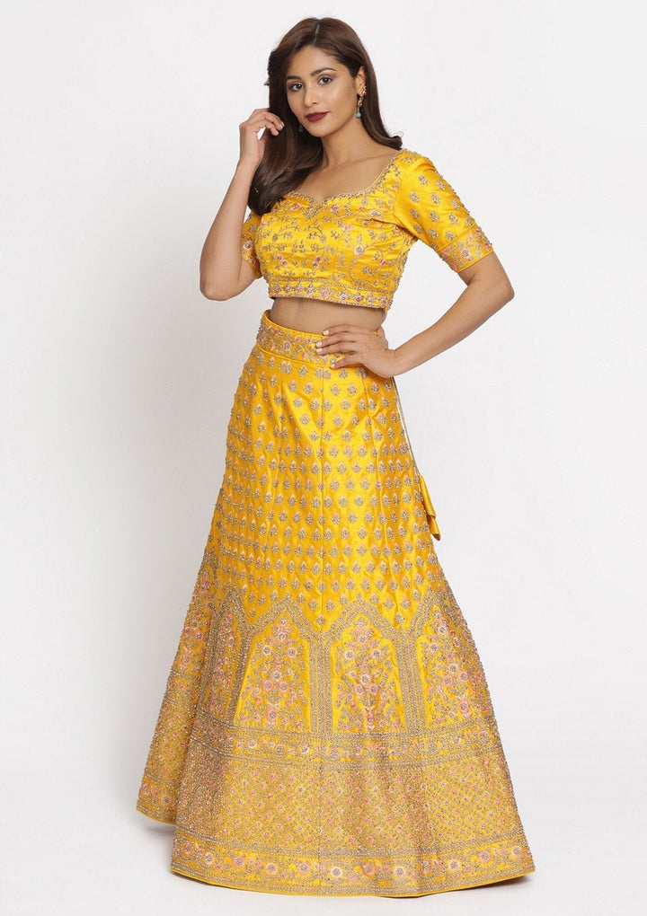 Yellow Stonework Raw Silk Designer Semi-Stitched Lehenga - koskii