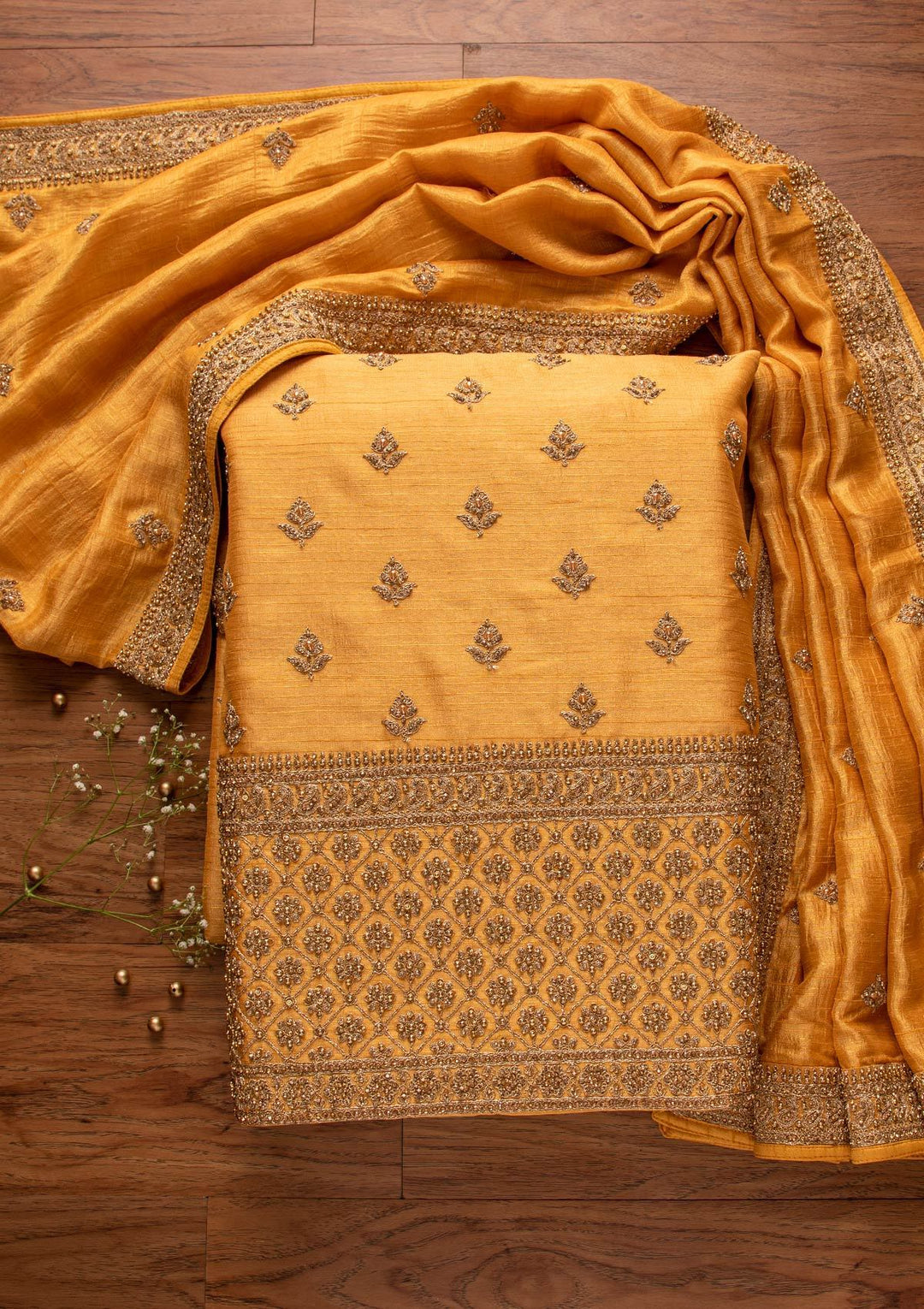 Yellow Stonework Raw Silk Designer Unstitched Salwar Suit - koskii