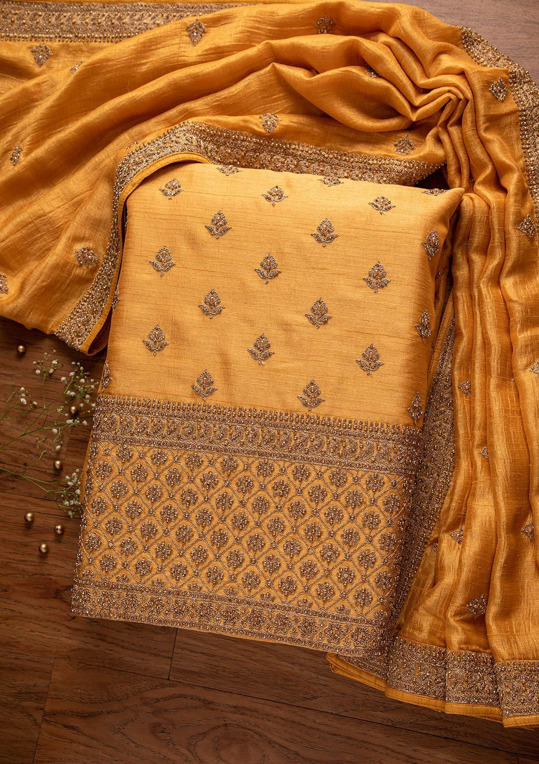 Yellow Stonework Raw Silk Designer Unstitched Salwar Suit - koskii