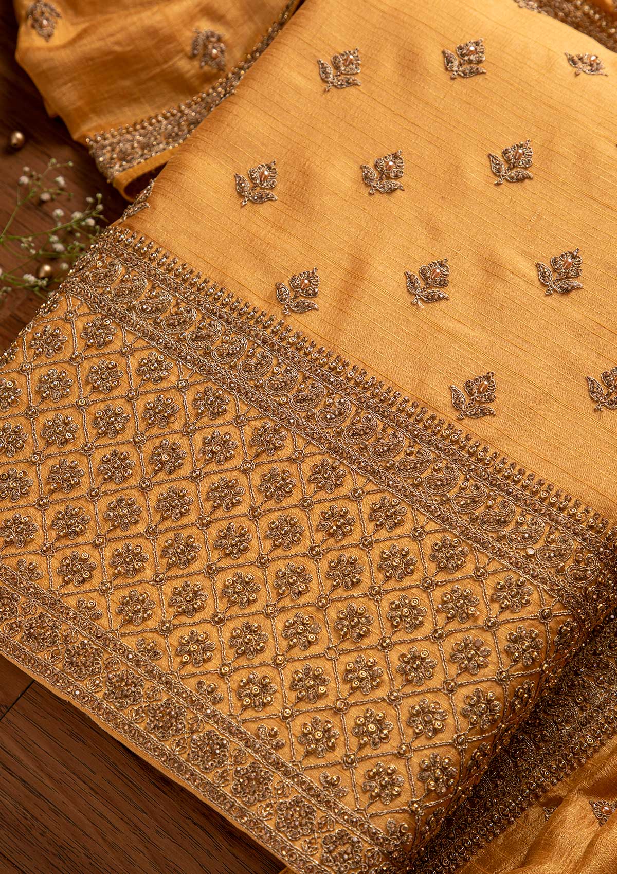 Yellow Stonework Raw Silk Designer Unstitched Salwar Suit - koskii