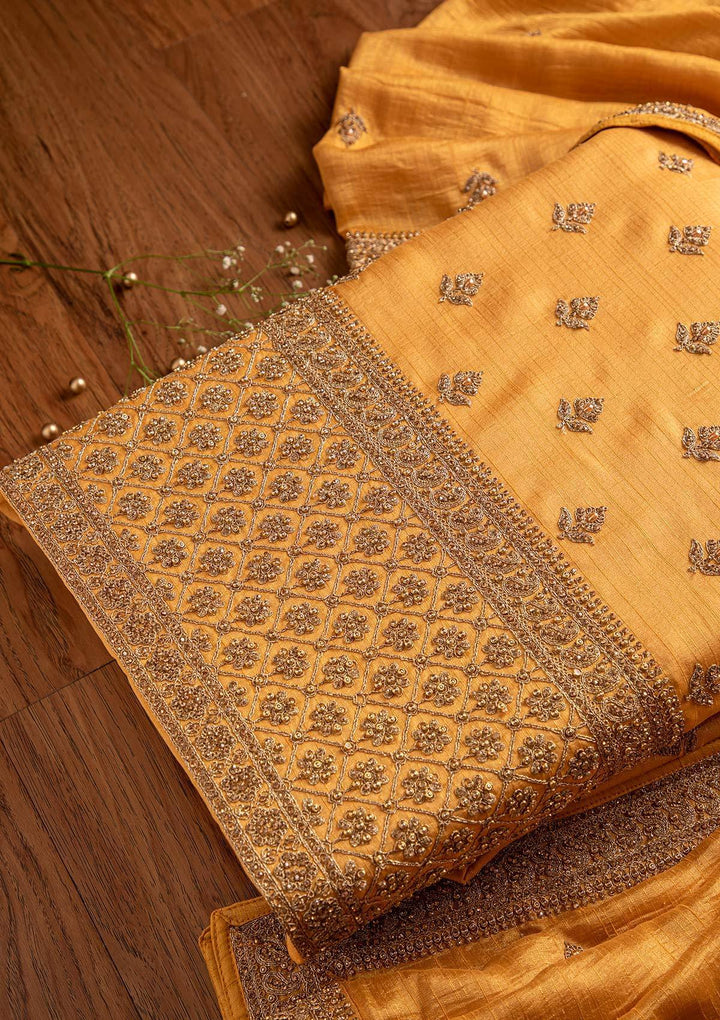 Yellow Stonework Raw Silk Designer Unstitched Salwar Suit - koskii