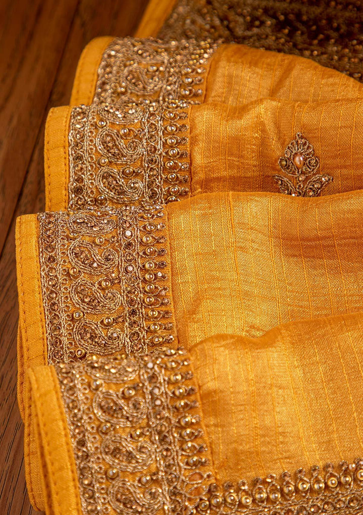 Yellow Stonework Raw Silk Designer Unstitched Salwar Suit - koskii
