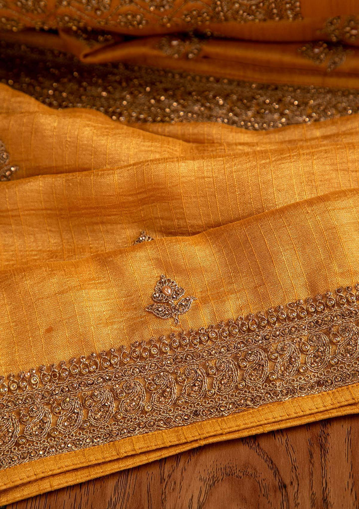 Yellow Stonework Raw Silk Designer Unstitched Salwar Suit - koskii