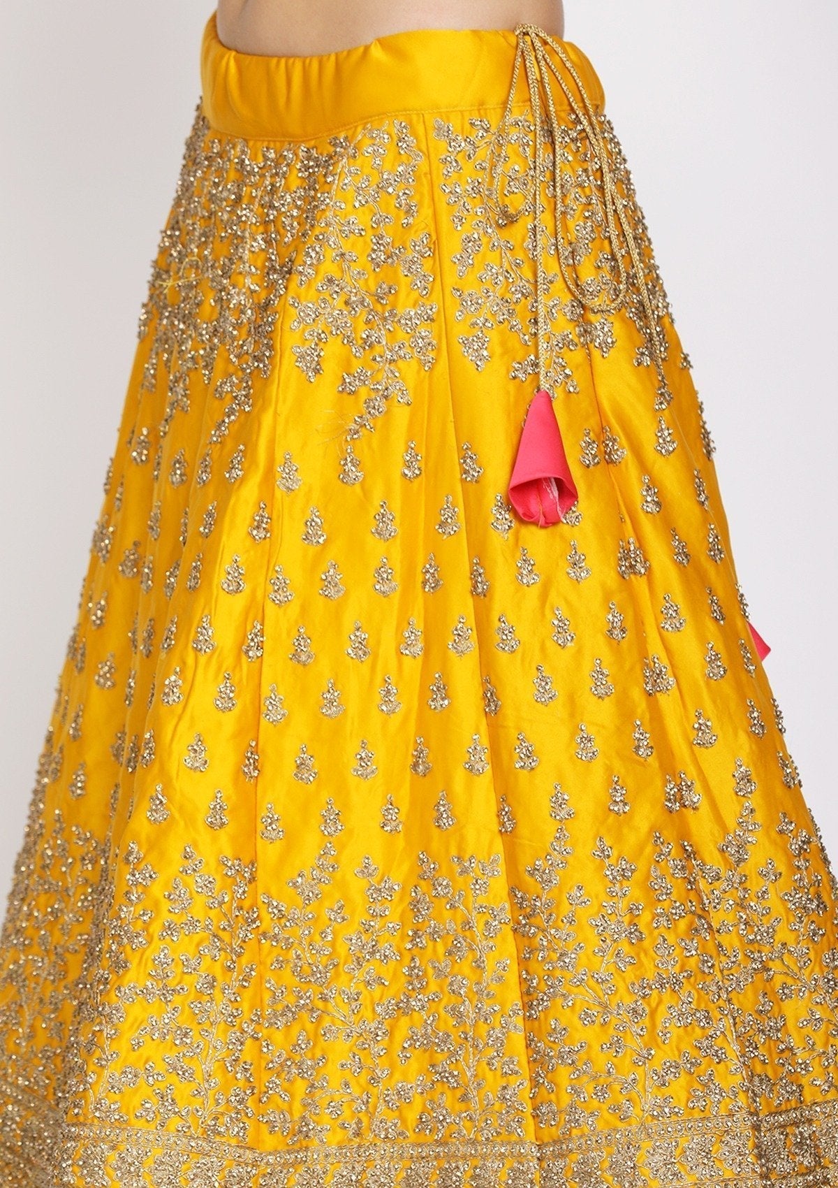 Yellow Stonework Satin Designer Semi-Stitched Lehenga - koskii
