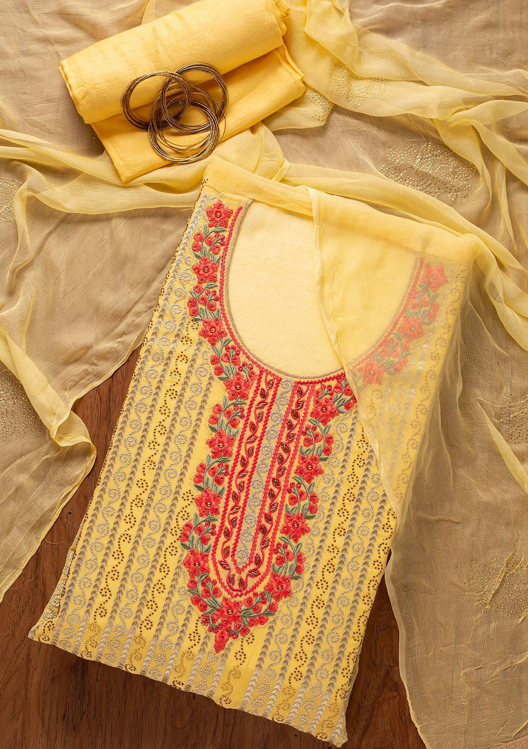 Yellow Threadwork Georgette Designer Unstitched Salwar Suit - koskii