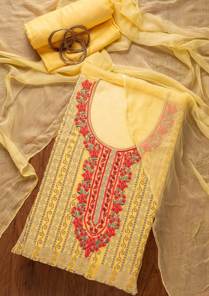 Yellow Threadwork Georgette Designer Unstitched Salwar Suit - koskii