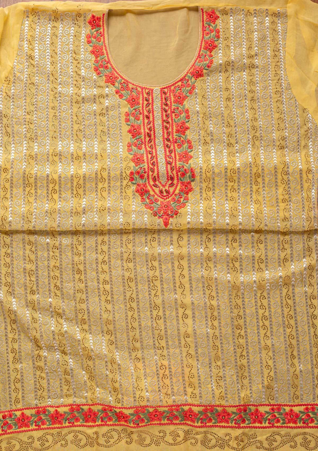 Yellow Threadwork Georgette Designer Unstitched Salwar Suit - koskii
