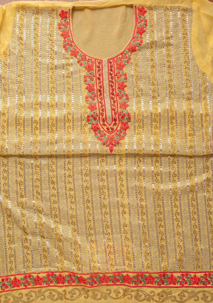 Yellow Threadwork Georgette Designer Unstitched Salwar Suit - koskii