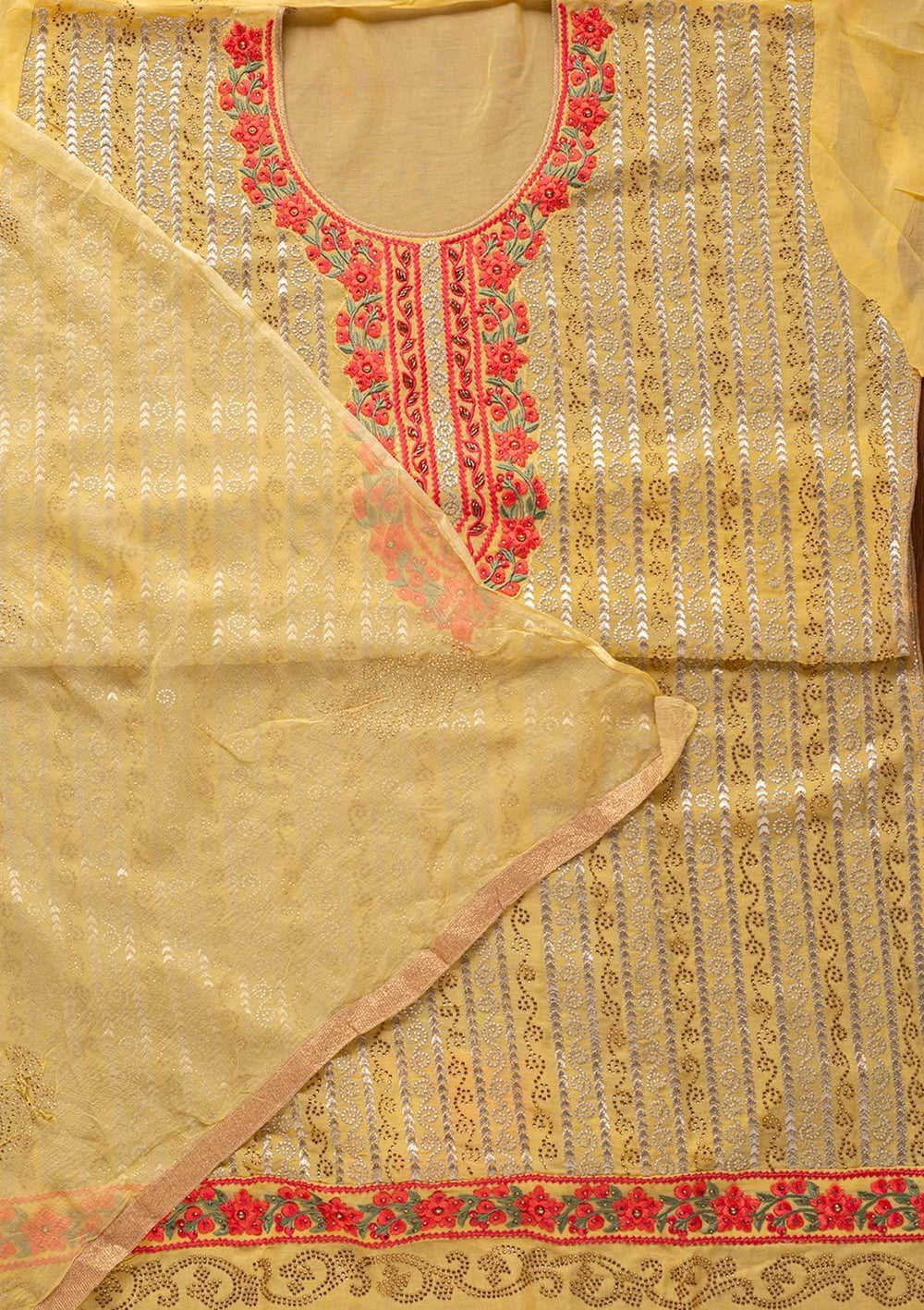 Yellow Threadwork Georgette Designer Unstitched Salwar Suit - koskii